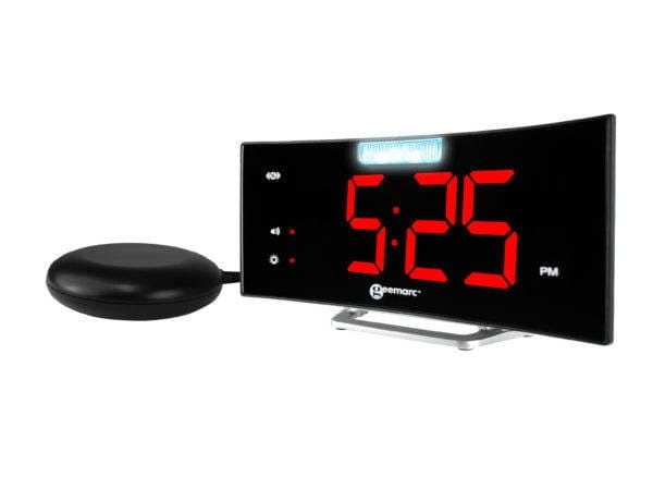 Budzik z padem wibracyjnym, dużym wyświetlaczem i stroboskopem Geemarc Wake’n’Shake Curve dla niesłyszących