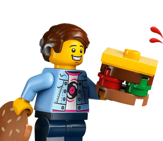Ciężarówka food truck z burgerami LEGO ludzik z implantem ślimakowym