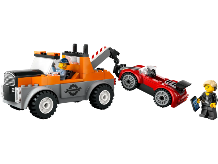 Samochód pomocy drogowej i naprawa sportowego auta LEGO ludzik z implantem ślimakowym
