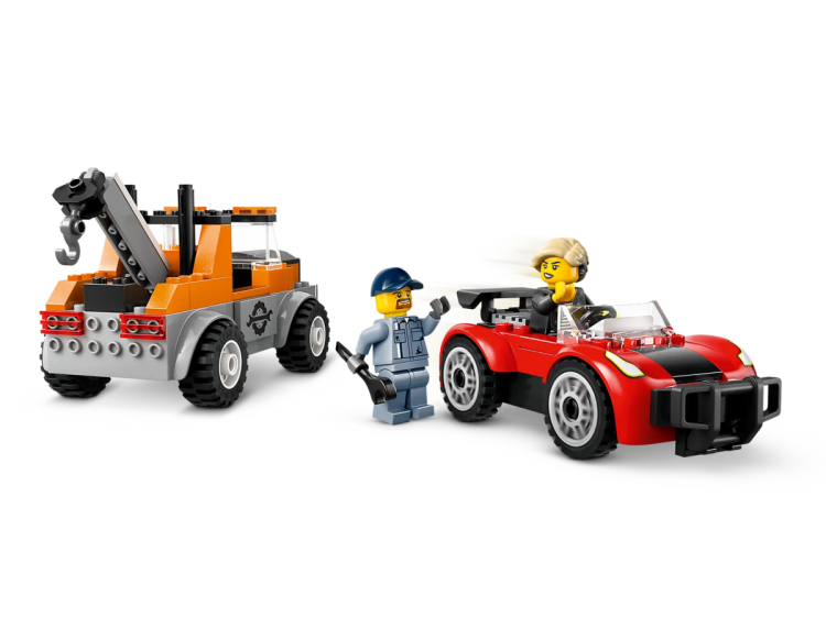 Samochód pomocy drogowej i naprawa sportowego auta LEGO ludzik z implantem ślimakowym